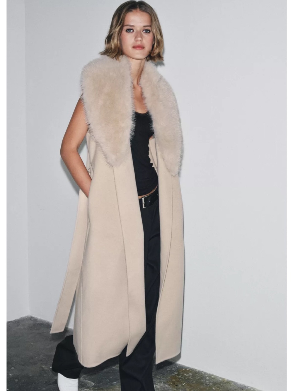 Zara Beige Long Vest without Fur Trim